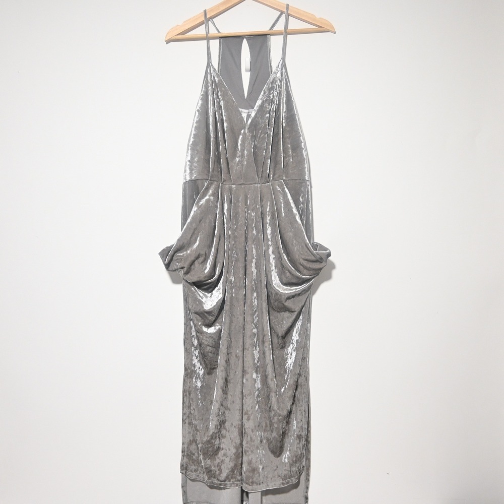 BCBGeneration Velvet Slip Dress Womens Draped Pockets M Grey Frost REF63P97-020